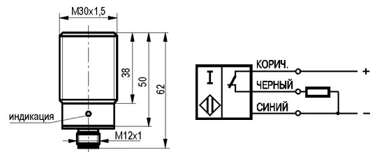 Габаритный чертеж и схема подключения датчика ISBt AC8A8-32P-10F-ZS4-C-P